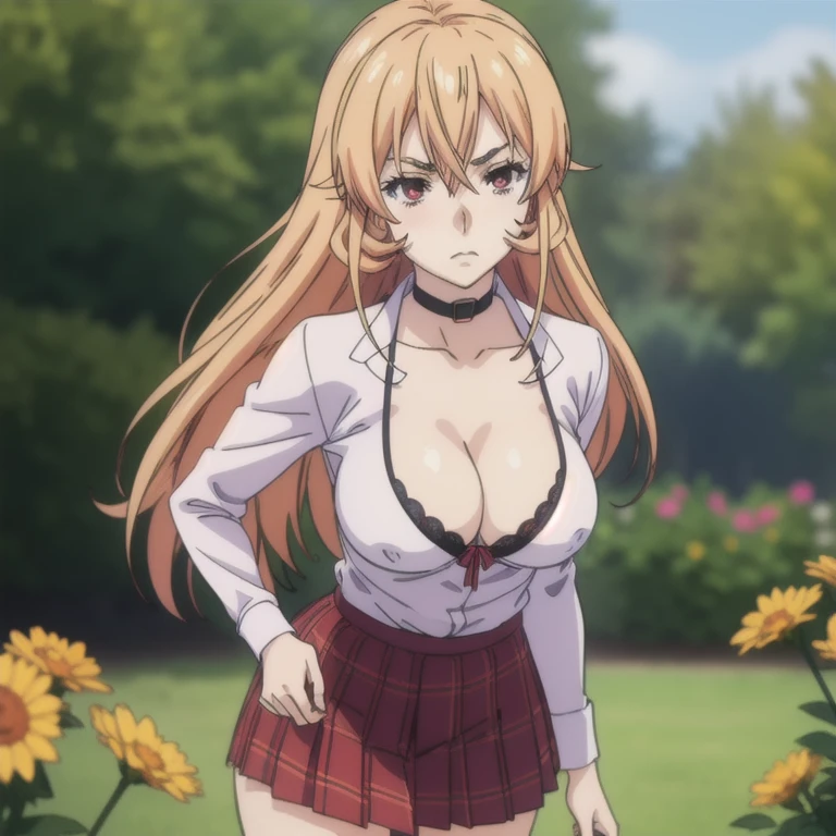 ((masterpiece, best quality, high resolution, UHD, pixel perfect, depth of field, 8k, RTX, HDR))cowboy shot, BREAK, 1girl, single, alone, beautiful anime girl, beautiful art style, anime character, ((style of Akame Ga Kill!)),((long hair, blonde hair)), (purple:1.4, round eyes, beautiful eyelashes, realistic eyes), big teats 1.7, with cleavage, nipples,  neckline, blushing, wearsa red plaid pleated miniskirt, white transparent long-sleeved shirt, bra visible through the shirt, black bra, red jumpsuit on the shirt collar, wearing a black choker, in a garden with a sun day.