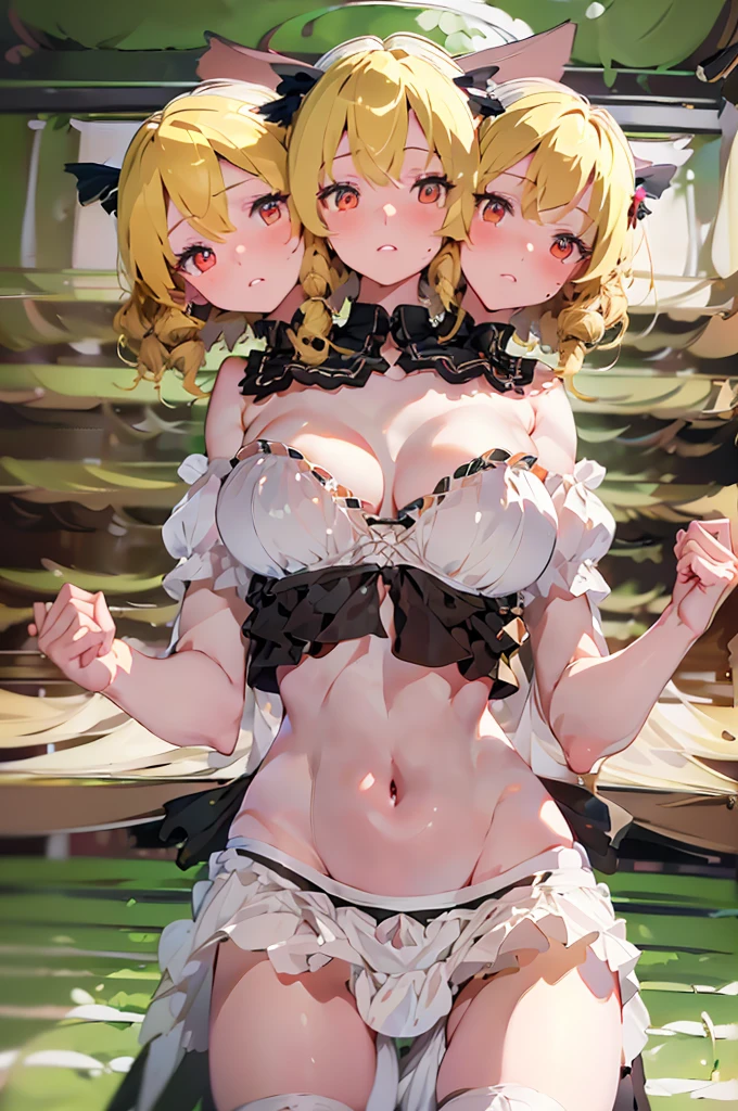 (masterpiece, best quality), best quality, (ultra-detailed), (3heads:1.5), 1girl, (luna child:1.3), masterpiece, top best quality, ultra quality, ultra resolution, white and black top, crop top, ((stomach)), midriff, ((groin)), white and black skirt, normal ears, shackles, yellow hair, very long hair, wavy hair, six princess curls, red eyes, very detailed eyes, parted lips, fairy wings, sweat, cute, toned belly, hand on own chest, eyelashes, (24 year old woman:1.3), (masterpiece:1.5), (best quality:1.5), (beautiful detailed), extremely detailed CG, extremely delicate and beautiful, depth of field, (finely detailed face), (perfect details:1.3), (mature female:1.3), wide pelvis, slender, large veiny breast, 16k resolution, highres, high quality, high definition, extremely detailed, masterpiece, yellow hair, long hair, alluring presence, braid, short skirt, close up, big tits, young, pair of wings,