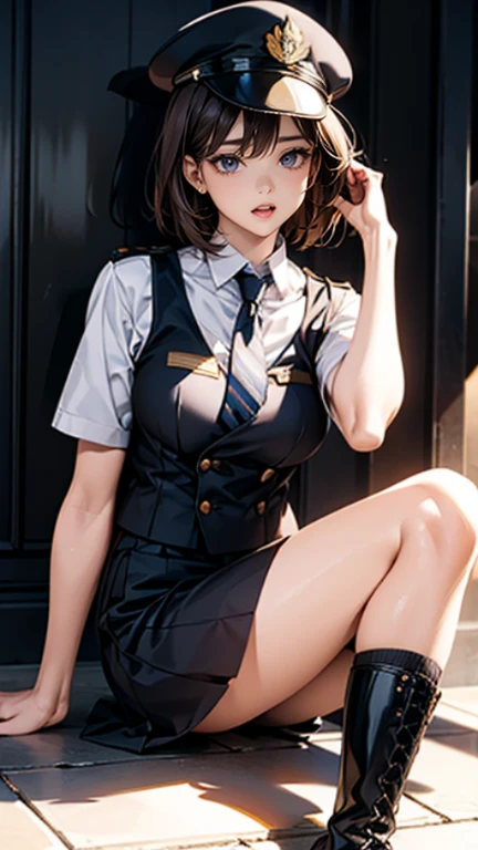 highest quality、masterpiece、8K、realistic、ultra high resolution、very delicate and beautiful、HDR、cinematic lighting、medium range shot、portrait、perfect female body、Beautiful woman、mature woman、Put your hands on your head、look at the viewer、medium breasts、cityscape、(short bob、brown hair)、((policewoman:1.4、uniform、limited cap、uniformのボタン、tie、uniformのジャケット))、Police Vehicles、Baton、handcuffs、wireless、vest、leather shoes、name tag、uniformのパッチ、防弾vest、police badge、skirt、boots、gun、police badge、epaulettes、uniformのskirt
