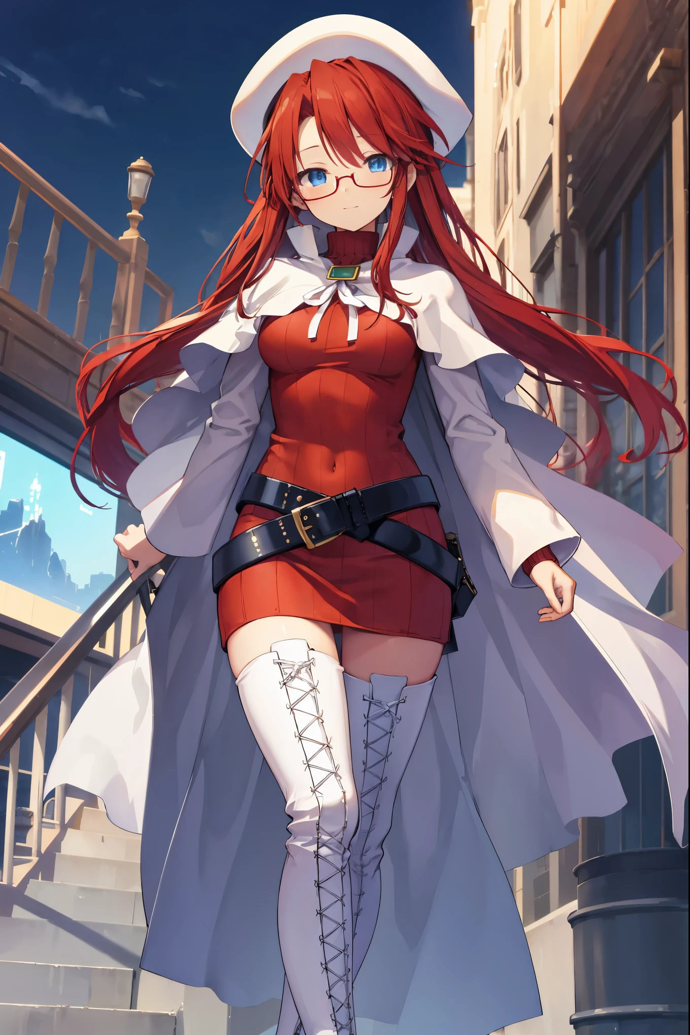 summonnightaty, aty, long hair, blue eyes, red hair, beret, hat, glasses,
BREAK long hair, thighhighs, hat, dress, boots, glasses, belt, cape, sweater, zettai ryouiki, beret, thigh boots, white footwear, ribbed sweater, loose belt,solo,
BREAK outdoors, fantasy,on_a_ship,
BREAK (masterpiece:1.2), best quality, high resolution, unity 8k wallpaper, (illustration:0.8), (beautiful detailed eyes:1.6), extremely detailed face, perfect lighting, extremely detailed CG, (perfect hands, perfect anatomy),covered_nipples,covered_navel,light_smile ,(half_eyes:1.4),sword,armpit,sleepy,dynamic_standing,barrel,red_sweater,apart_legs,magical_effect,pulmp,big_tits,