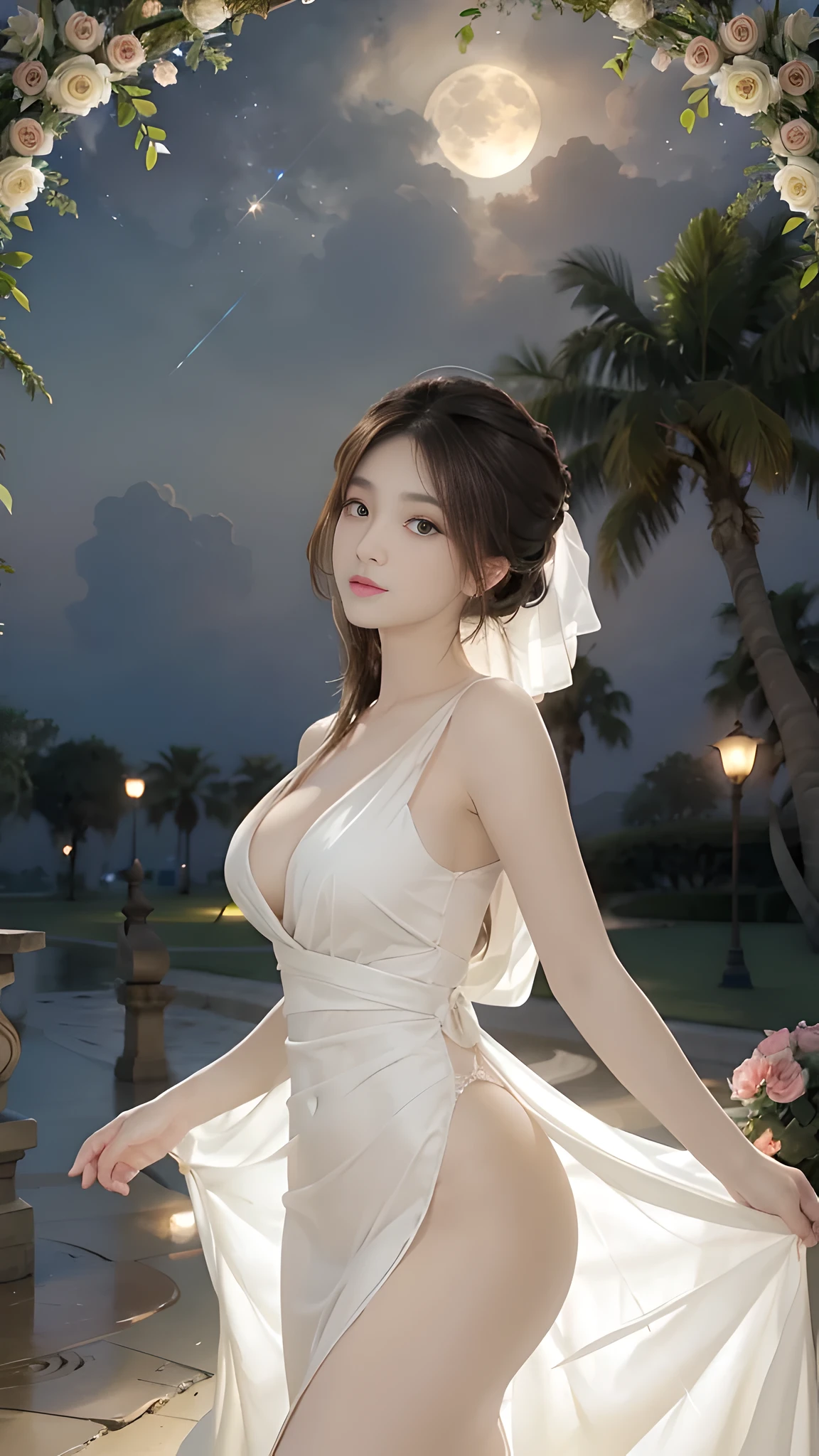 full hd 8k, the girl is standing in the middle of a brilliant flower garden, with hundreds of different types of flowers blooming. The full moon shines in the night sky creating a beautiful scene. The photo was taken from a far angle, capturing the girl's entire body, including the shining full moon. The girl has long, silky hair tied high, creating a luxurious and noble beauty. The moonlight shines on the girl's delicate face, highlighting her large, round light brown eyes, creating a natural, gentle beauty. The girl wore a long white dress, her big breasts were exposed, revealing extremely sexy breasts, and the slit skirt exposed her sexy thighs, highlighting her sexy beauty. Her dress is delicately designed with curving curves, creating a soft, feminine beauty. The girl holds a fresh rose in her hand, creating a beautiful contrast with her white dress. The girl is looking at the flowers blooming brightly, creating a picturesque scene. All these details are described clearly and sharply,