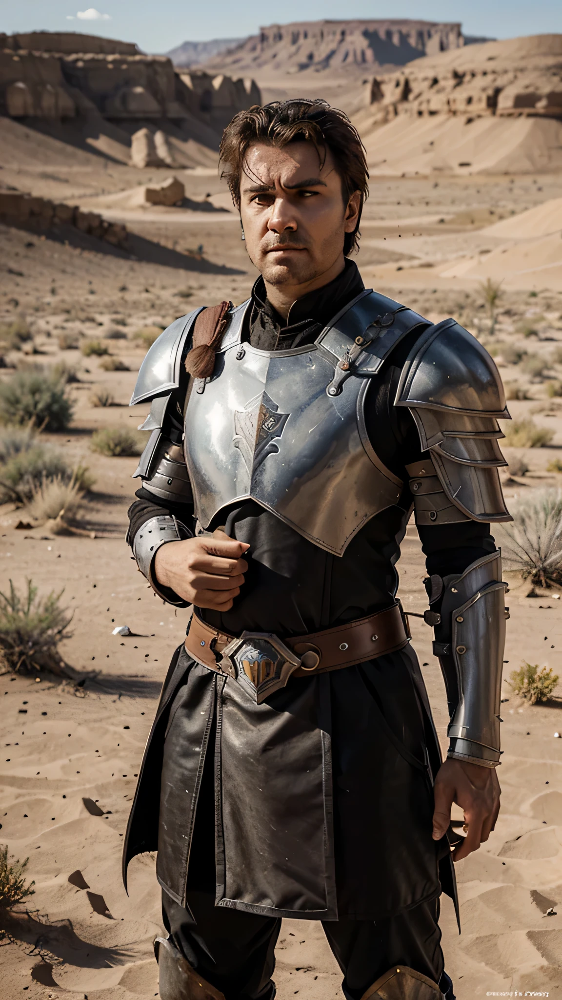 Description: Feyd-Rautha, the fierce and formidable opponent chosen by Shaddam, steps forward to accept Paul's challenge. His expression is stoic, betraying no hint of fear as he prepares for the impending duel.Visual: Feyd-Rautha, clad in battle armor adorned with House Harkonnen insignia, faces off against Paul in a desolate arena surrounded by onlookers. The harsh desert landscape serves as a stark backdrop to their confrontation, heightening the tension of the moment.