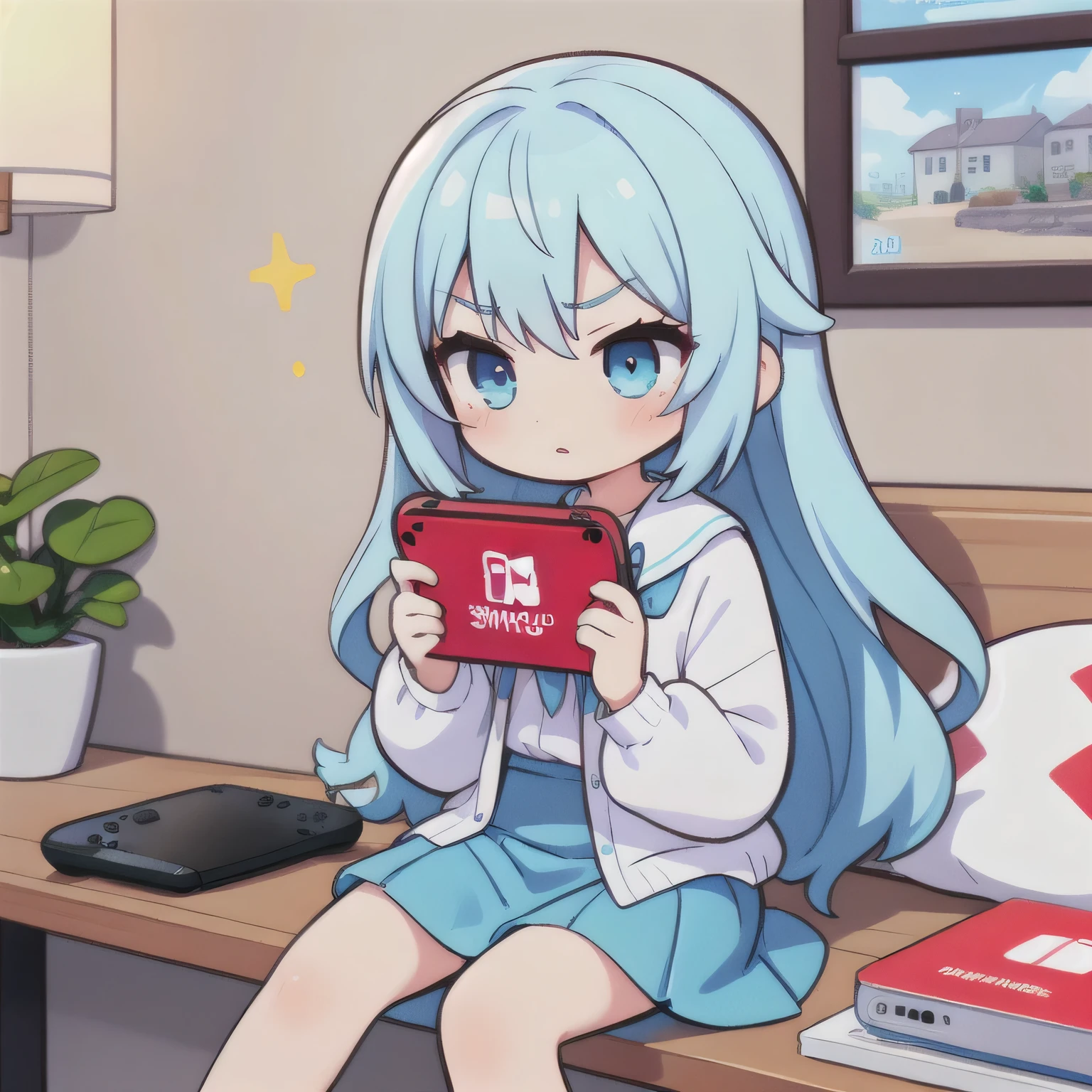 1 girl, Big eyes, long eyelashes,Light blue skirt,light blue long hair,light blue eyes, Stamps for messages,   Playing Nintendo Switch, serious face