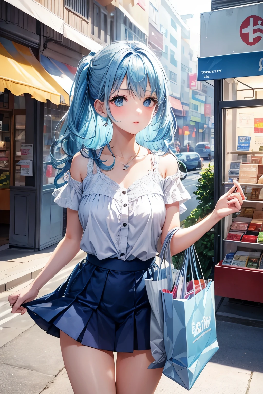 1girl, bluenette hair, light blue hair, next door girl, shopping, cloth shopping
