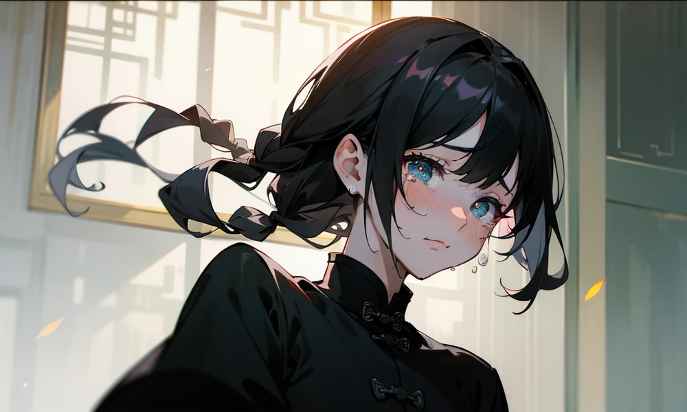 (best quality, highres, masterpiece:1.2), ultra-detailed, photo-realistic:1.37, portrait, Chinese architecture, -yeld gis face, black hair, single braid, crying face, sadness, tears, ancient Chinese girl, moonlight through the window, natural lighting, teary eyes, detailed hair, grey environment, Chinese-inspired dress, low-income, serene atmosphere, parental love,black pupils