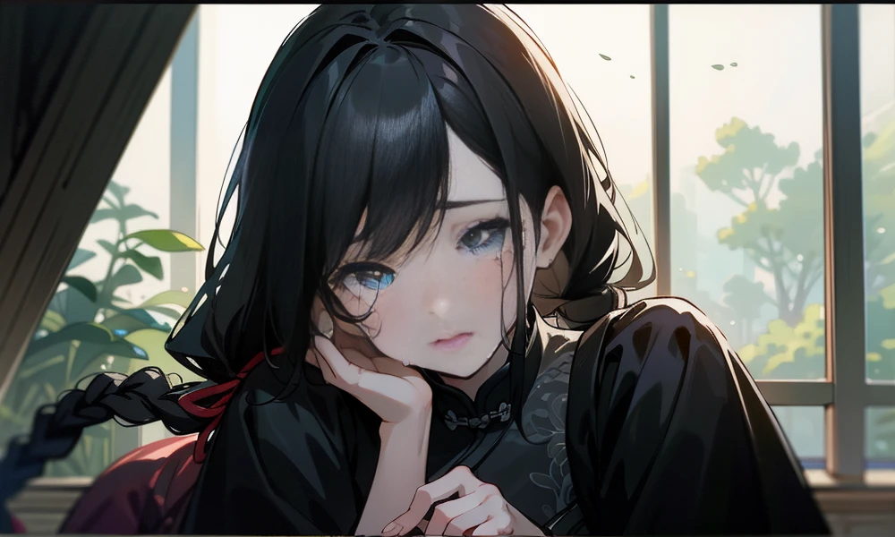 (best quality, highres, masterpiece:1.2), ultra-detailed, photo-realistic:1.37, portrait, Chinese architecture, 14-year-old girl's face, black hair, single braid, crying face, sadness, tears, ancient Chinese girl, moonlight through the window, natural lighting, teary eyes, detailed hair, grey environment, Chinese-inspired dress, low-income, serene atmosphere, parental love,black pupils