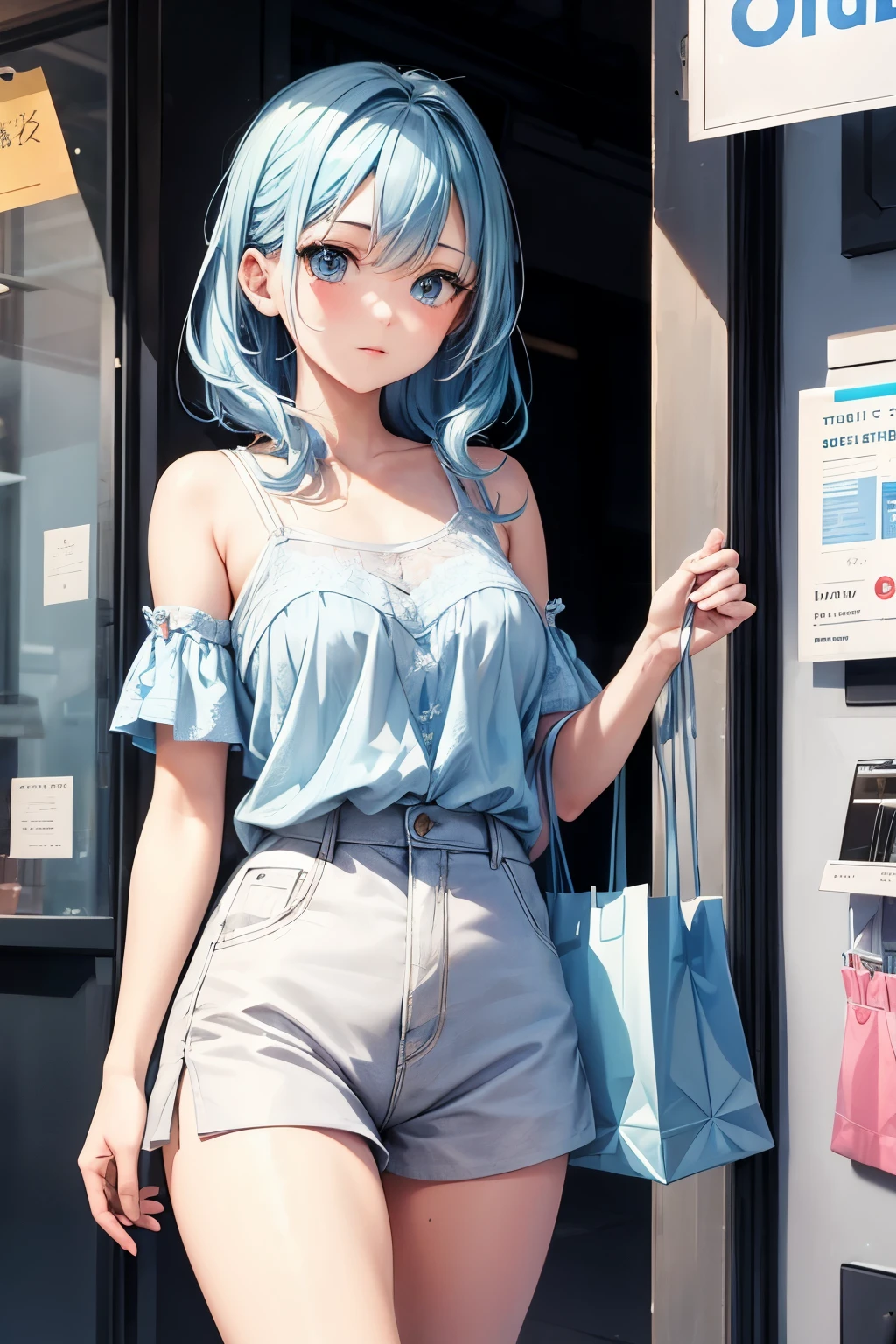 1girl, bluenette hair, light blue hair, next door girl, shopping, cloth shopping