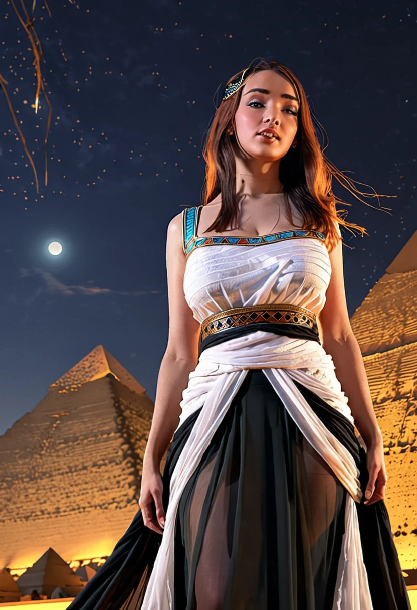 In ancient egypt,a lovely woman in a flowing dress,poses in front of the great pyramids,moonlit night,painting-like,rich texture,full of details,masterpiece:1.2,realistic,photorealistic:1.37,ultra-detailed,professional, HDR,UHD,studio lighting,ultra-fine painting,sharp focus,physically-based rendering,vivid colors,bokeh,portraits,horror,landscape,anime,sci-fi,photography,concept artists,warm color palette,soft and diffused lighting