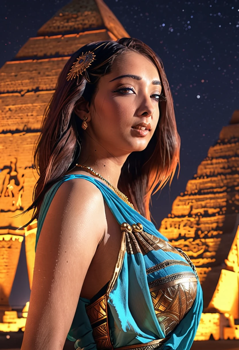In ancient egypt,a lovely woman in a flowing dress,poses in front of the great pyramids,moonlit night,painting-like,rich texture,full of details,masterpiece:1.2,realistic,photorealistic:1.37,ultra-detailed,professional, HDR,UHD,studio lighting,ultra-fine painting,sharp focus,physically-based rendering,vivid colors,bokeh,portraits,horror,landscape,anime,sci-fi,photography,concept artists,warm color palette,soft and diffused lighting