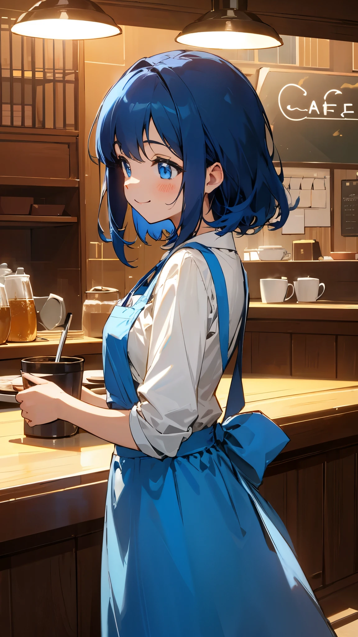 detailed background、1 girl、white blouse、blue skirt、Apron appearance、dark blue hair、Shining light blue eyes、smile、I love you、From the side、((indoor、morning、Cafe))、sharp outline