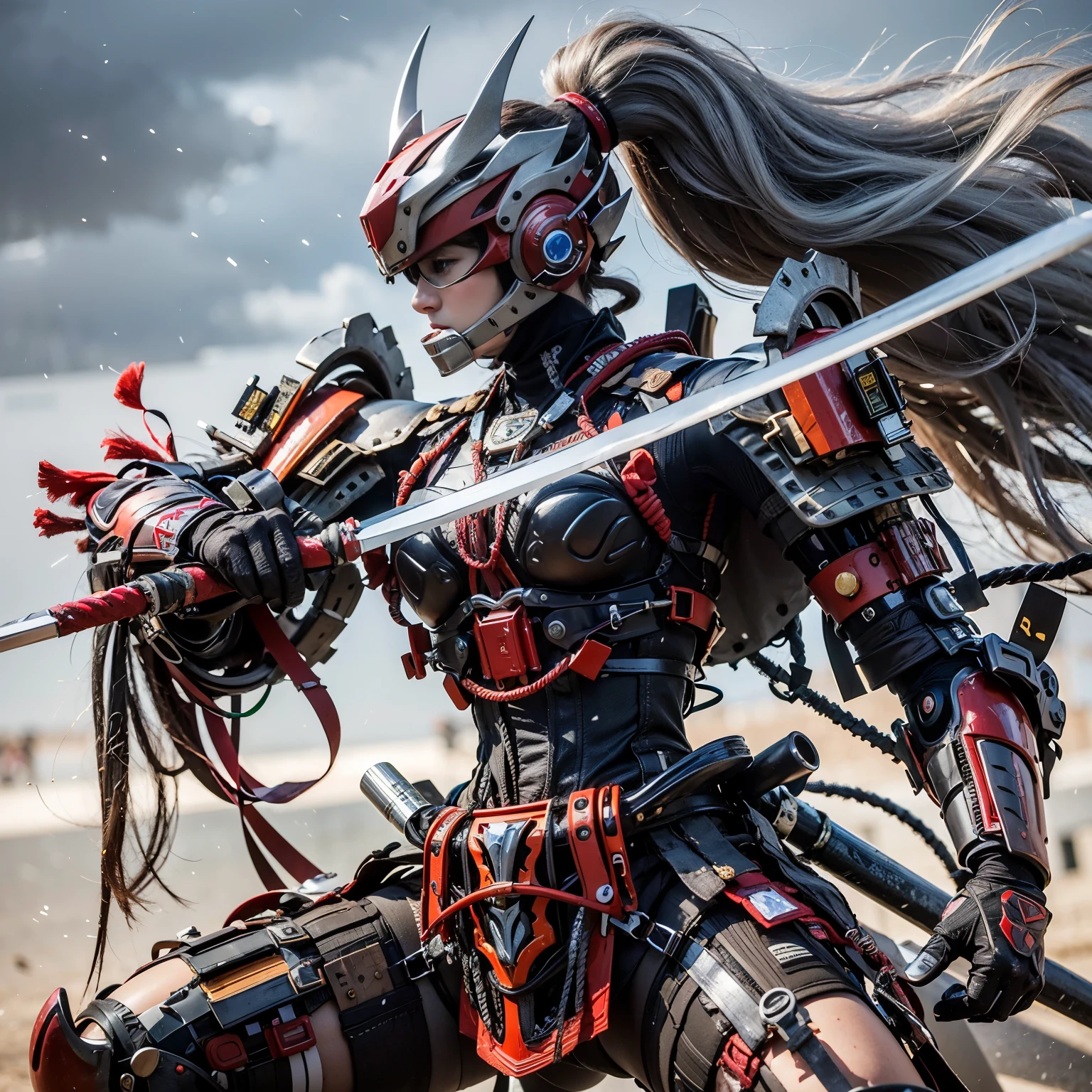 (best quality,highres,masterpiece:1.2),mechanical,hydraulic cylinders,samurai armor,Japanese sword,beautiful girl,twin tails,silver hair,realistic,photorealistic:1.37,photo shoot,ultra-detailed,hyper-realistic textures,full body,battlefield