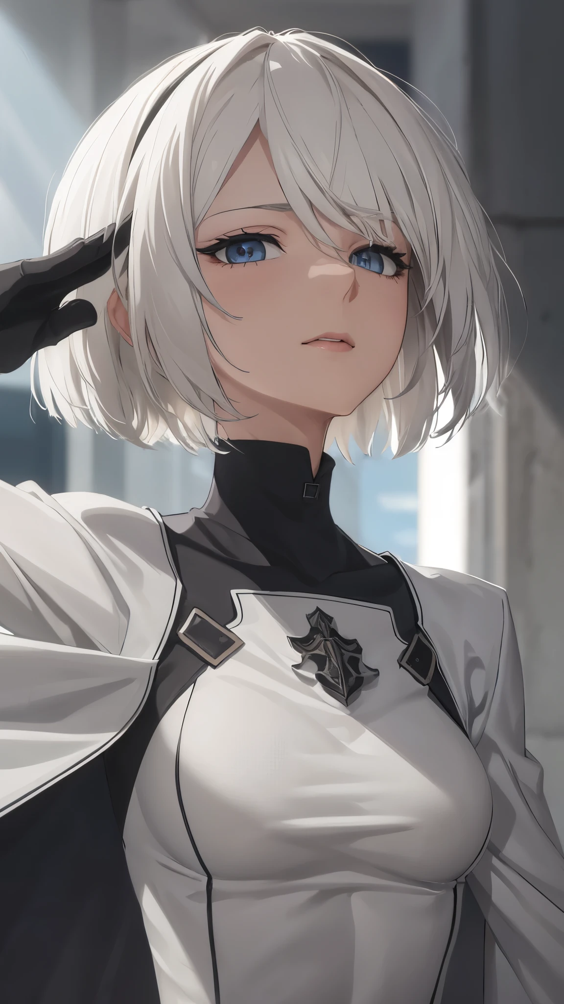 extremely detailed CG unity 8k wallpaper), (masterpiece), (best quality), (ultra-detailed), (best illustration), (best shadow), (absurdres) ,(detailed eyes), 2b, 1girl, short hair, white hair, solo, Intimidating women, admiral uniform, night, hero pose, white clothes, General Uniform, Military Uniform, Sunlight, exposed to sunlight,commander, fighting pose, wearing cape, looking_at_viewer