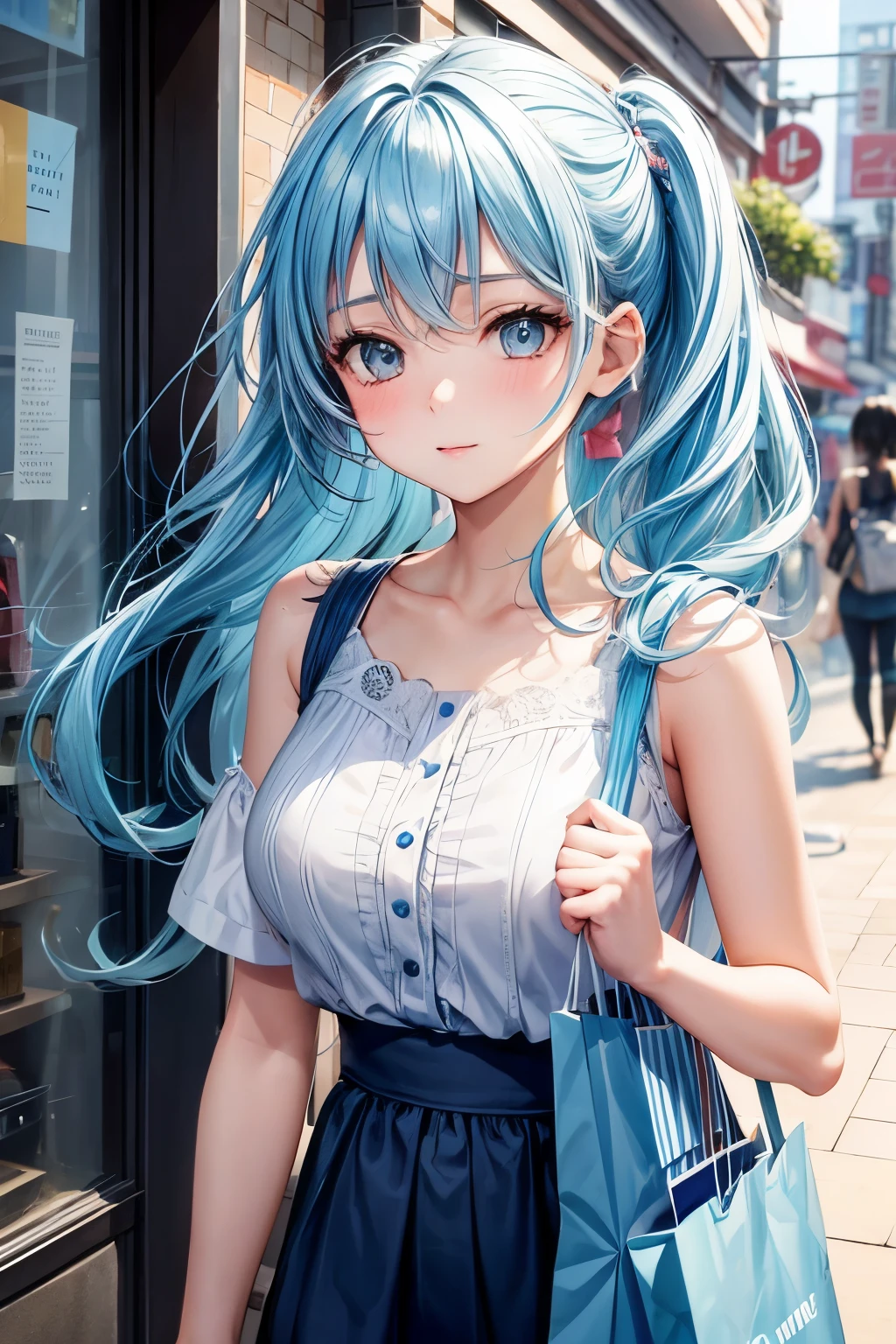 1girl, bluenette hair, light blue hair, next door girl, shopping, cloth shopping