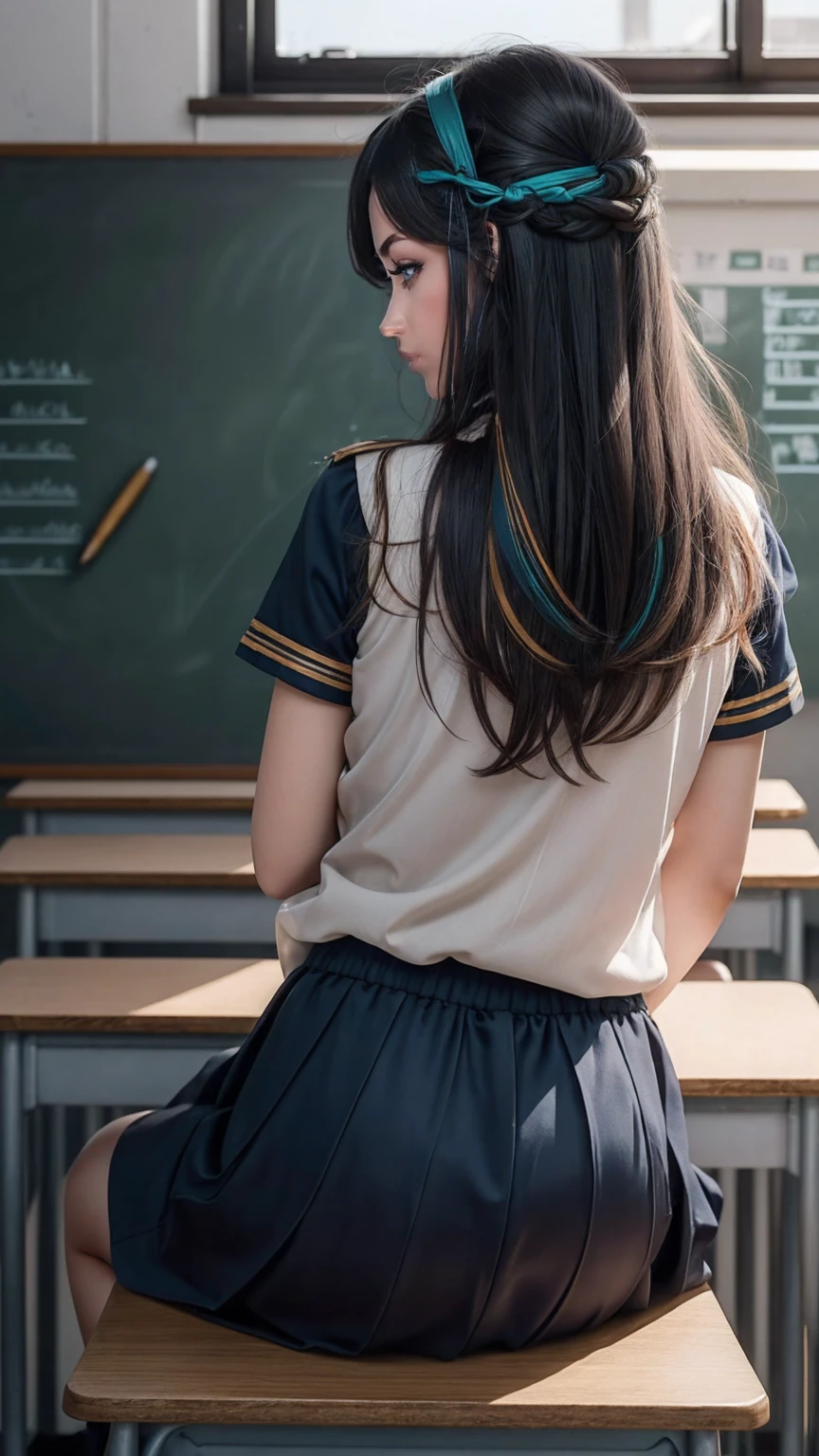 (最high quality, 8K, masterpiece: 1.3, Ultra HD, high quality, 最high quality, High resolution, realism)) 、slender、slenderだがアスリートのような細マッチョ、I don't want my head to disappear from the screen.、inner color((colored inner hair))、Smile((smile))、black hair((black hair))、black eye、Wear a summer sailor uniform、Wear a navy blue pleated skirt、wear white socks、stand on the embankment、Vertical roll on one side((side drill))、An empty classroom after school、A view from the back of the classroom of a woman sitting at a desk in front of a blackboard、The woman turns towards、desks are lined up
