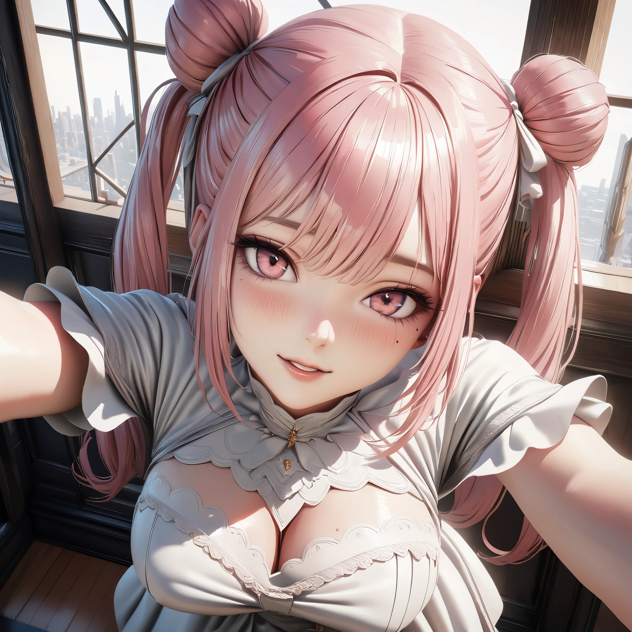 highest quality, Super detailed, High resolution, HDR, 4k, 8K, unity 8k wallpaper, Detailed CG, masterpiece, realistic, photorealistic, 2D, 3D, beautiful details, depth, fine texture , super fine: 1.3, Fully focused, Crispy.skin, Very cute anime girl with pigtails hair in a pink bun dressed like a doll, smile, one girl, alone, pink hair, mole under the eyes, looking at the viewer, dress, blush, white dress, mole, parted lips, pink eyes, fullbody, big bust,