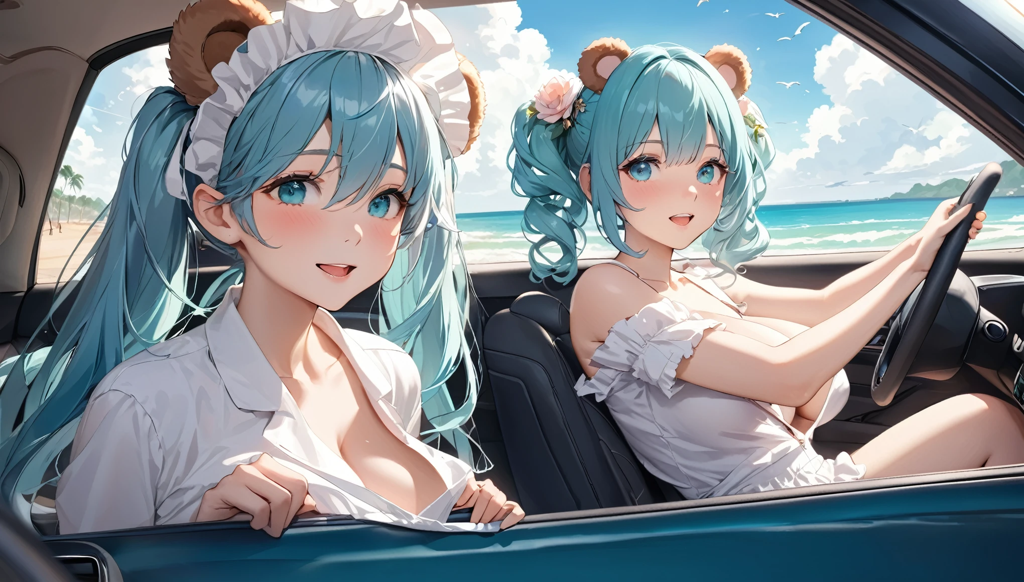  (masterpiece, best quality), 1 elven girl, ( bear breasts, thigh),  (light blue hair, twin tails ,very long hair is fluttering in the wind), hair between eyes, multi colored hair,hair flower ornament ,(blush, smile, aqua eyes), open mouth, maid uniform,    
 ((((undone clothing)))),  (Open the front of the maid uniform chest very wide), large breasts, pointed ears, view from right side, (Cruising the highway in a car ) , (color of the car is white), ( the car has 2 seats), (the car has no roof), (passenger seat is left side in the car), (seating in the left seat in the car), looking at the sky,  Palm trees line the shoreline 