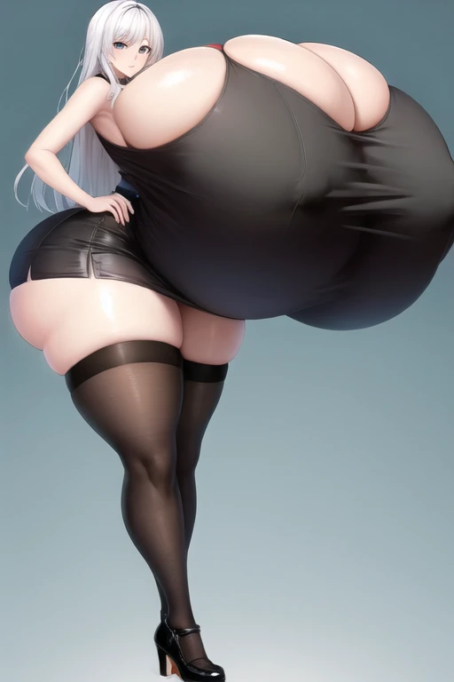 masterpiece, best quality, 1girl, white hair, long hair, grey eyes, skirt, tank top, thigh highs, bottomheavy, topheavy, gigantic breasts, bursting breasts, underboob, cleavage, huge thighs