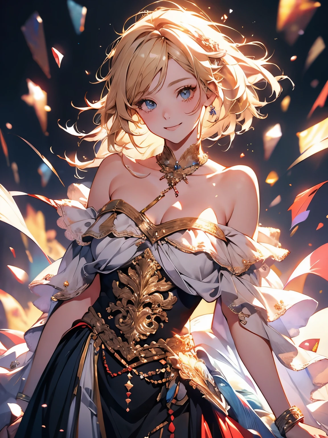 ((top quality)),(超A high resolution),(super detailed),((best anime)),sharp,Claire,Art with amazing depictions, (1 woman,ash blonde),(off shoulder sheath dress,),(((gentle smile)))