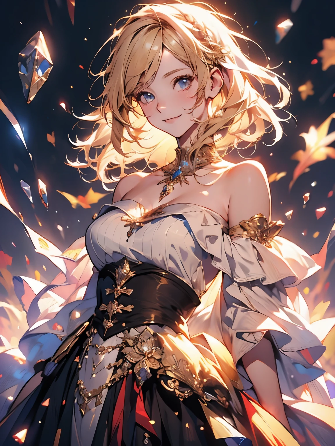 ((top quality)),(超A high resolution),(super detailed),((best anime)),sharp,Claire,Art with amazing depictions, (1 woman,ash blonde),(off shoulder sheath dress,),(((gentle smile)))