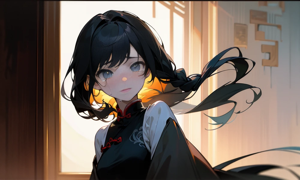 (best quality, highres, masterpiece:1.2), ultra-detailed, photo-realistic:1.37, portrait, Chinese architecture, 's face, black hair, single braid, crying face, sadness, tears, ancient Chinese girl, moonlight through the window, natural lighting, teary eyes, detailed hair, grey environment, Chinese-inspired dress, low-income, serene atmosphere, parental love,black pupils