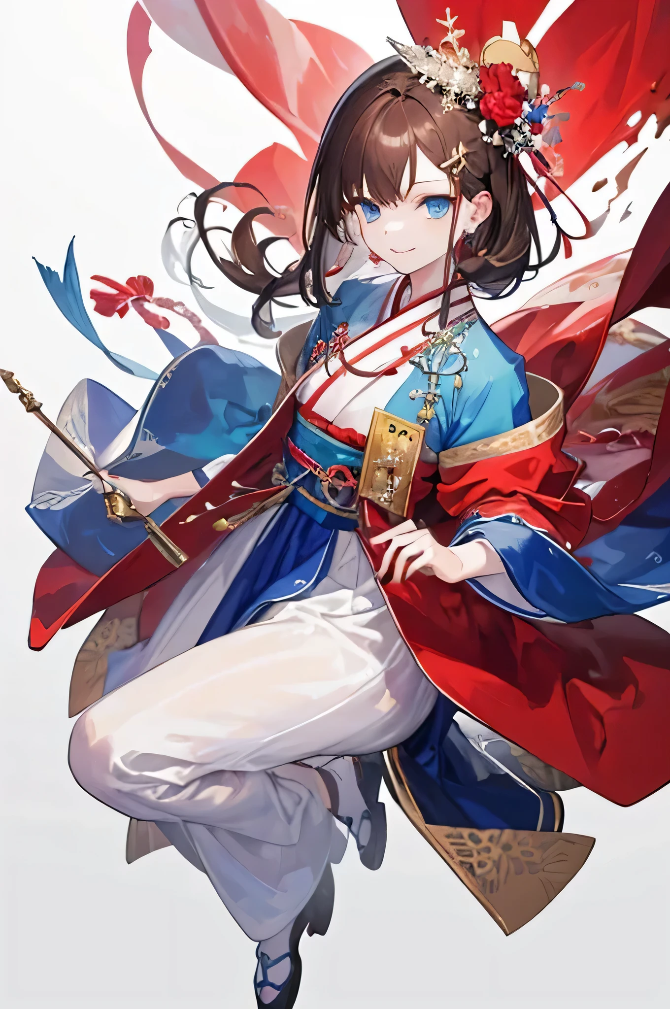 Incredible resolution, high resolution, (masterpiece:1.4), Hyper-detailing, glossy details, Anime young woman with dark-brown hair, blue eyes, wearing a white hanbok with royal-blue details and red dress, with a gentle smile, korean hairpin on her head, full body render