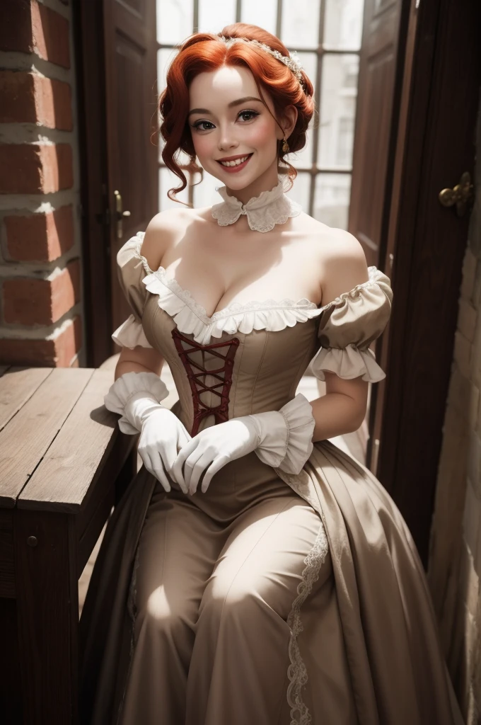 A sexy/cute, historicially acurate dickensian lady sweet/wholesome skinney , Traditional/conservative dress. Exudes love, conservative values. Thick Red hair. elegant dickensian dress. , fair-skinned woman, view viewer, Face Madura, Delicate gloves,, attractive look, impressive woman, romantic mood. Excited, happy, smileing, laughing.. Prudishly dressed.
