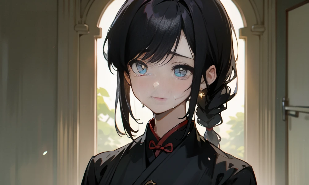 (best quality, highres, masterpiece:1.2), ultra-detailed, photo-realistic:1.37, portrait, Chinese architecture, -yeld gis face, black hair, single braid, crying face, sadness, tears, ancient Chinese girl, moonlight through the window, natural lighting, teary eyes, detailed hair, grey environment, Chinese-inspired dress, low-income, serene atmosphere, parental love,black pupils