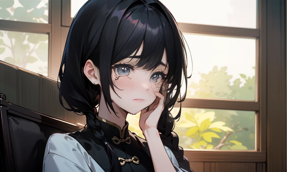 (best quality, highres, masterpiece:1.2), ultra-detailed, photo-realistic:1.37, portrait, Chinese architecture, 14-year-old girl's face, black hair, single braid, crying face, sadness, tears, ancient Chinese girl, moonlight through the window, natural lighting, teary eyes, detailed hair, grey environment, Chinese-inspired dress, low-income, serene atmosphere, parental love,black pupils