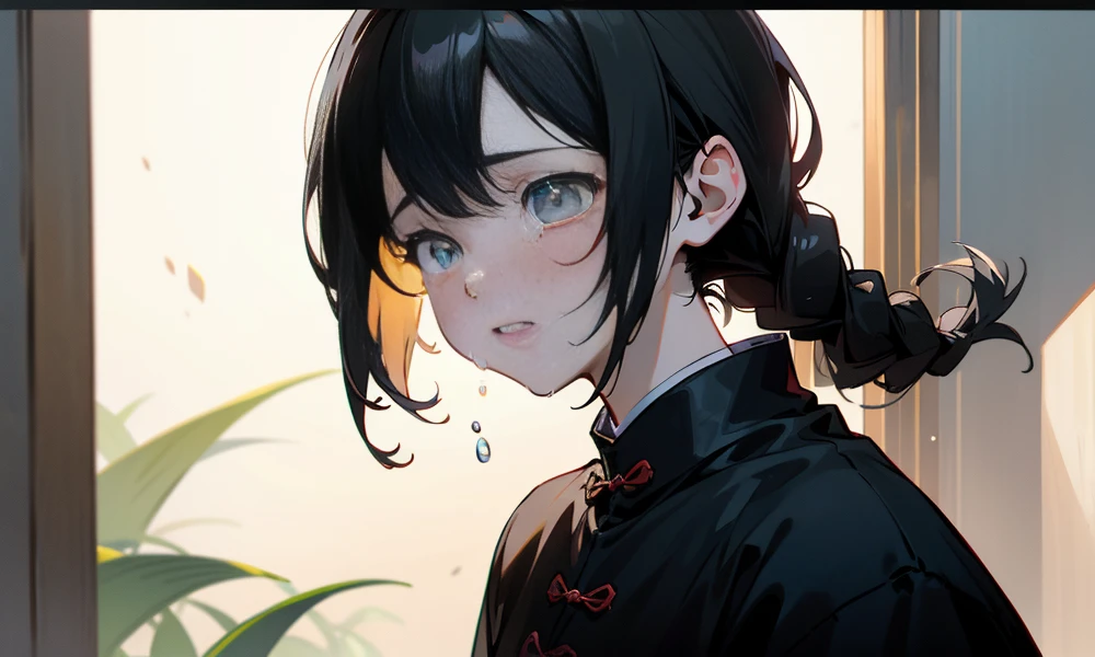 (best quality, highres, masterpiece:1.2), ultra-detailed, photo-realistic:1.37, portrait, Chinese architecture, -yeld gis face, black hair, single braid, crying face, sadness, tears, ancient Chinese girl, moonlight through the window, natural lighting, teary eyes, detailed hair, grey environment, Chinese-inspired dress, low-income, serene atmosphere, parental love,black pupils