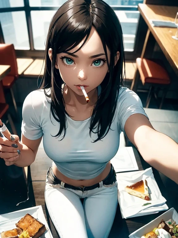 (we see her from above), ultra high definition, best quality, masterpiece, highres, (colorful), artstation, concept art, smooth, sharp focus, illustration, sport girl, Hyperrealism, small breast, small hips, detailed face, delicate face, focus on face, ((pov)), (30 years old), wide eyes, green eyes, brown hair, round face, (lightly muscled body), ((holding a cigarette)), white shirt, black jeans, at a restaurant,