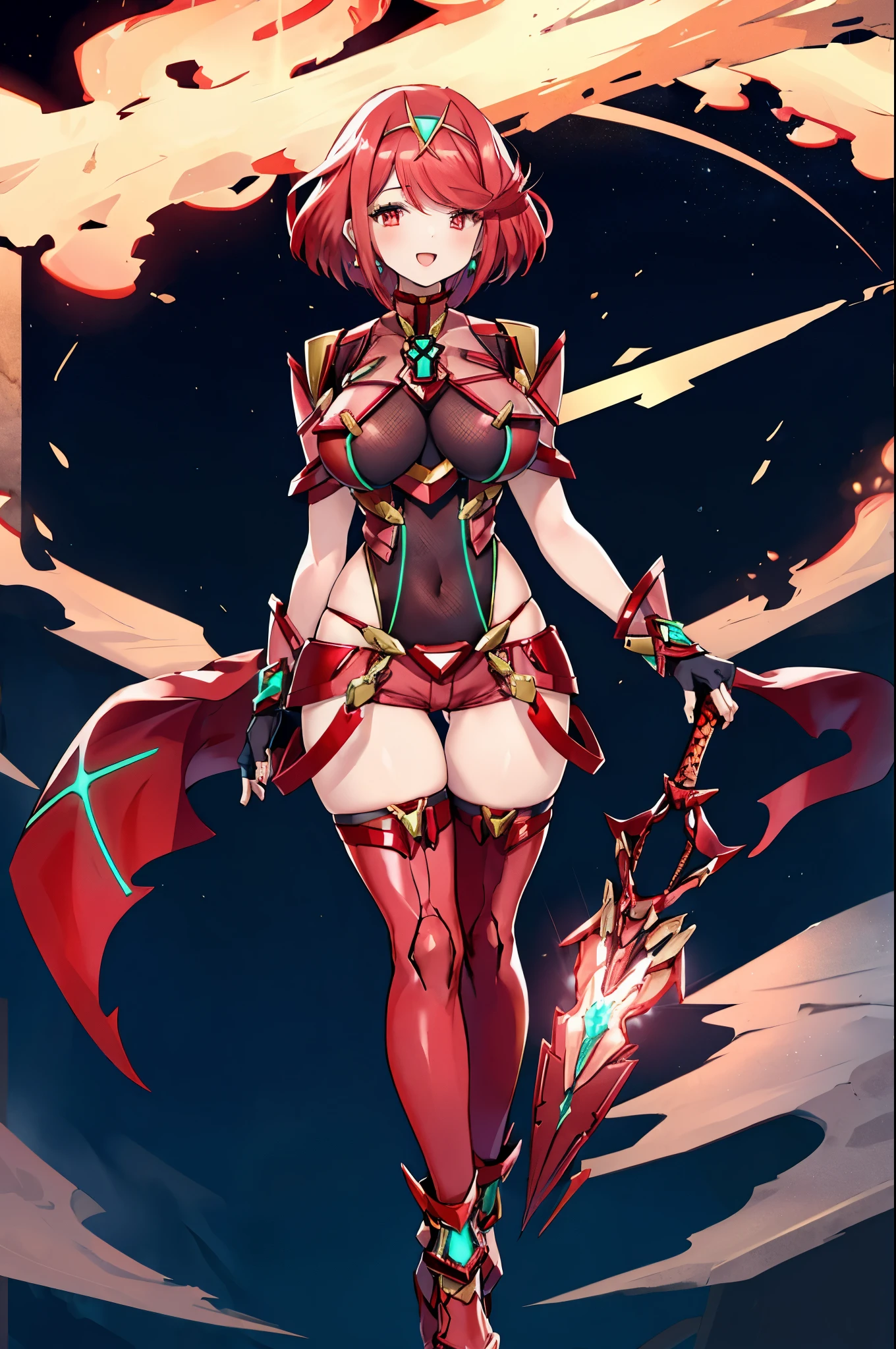 pyra \(xenoblade\), young__1girl, armor, bangs, black gloves, breasts, red eyes, closed mouth, earrings, eyelashes, fingerless gloves, floating hair, framed breasts, gem, gloves, hair ornament, headpiece, jewelry, big_breasts, leaning back, leotard, neon trim, official art, pose, red hair, red shorts, saitou masatsugu, short hair, short shorts, short sleeves, shorts, sidelocks, skin tight, solo, standing, swept bangs, thighhighs, tiara, night_prairie_background, turtleneck, underbust, vambraces, xenoblade chronicles \(series\), (xenoblade chronicles 2), apart_legs, fire_effect,dynamic_pose_fighting,light_smile, (plump:1.1), big_ass,huge_sword, hold_large_sword_hilt, solo, covered_nipples, covered_pussy,open_mouth,back_view,