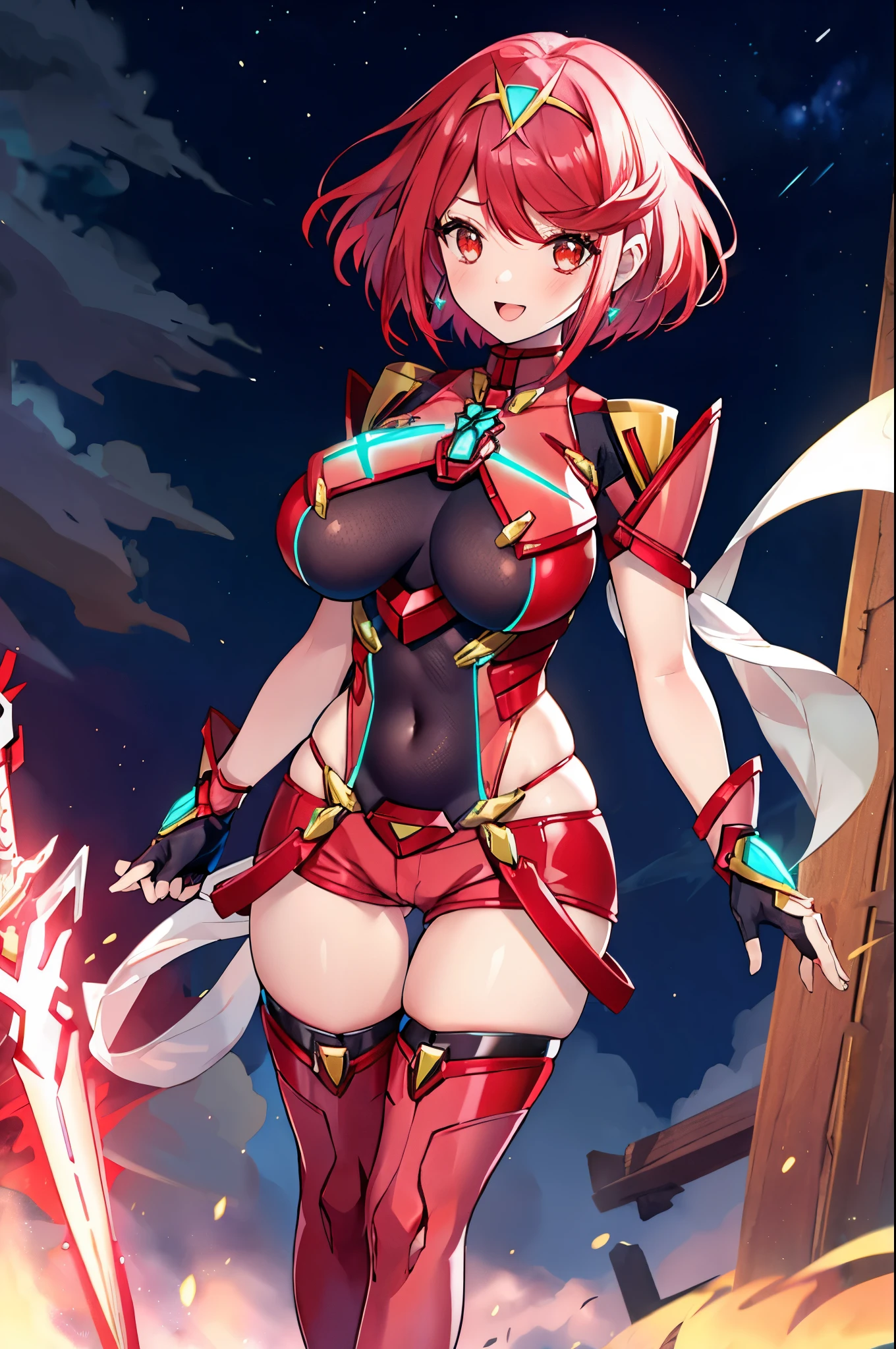 pyra \(xenoblade\), young__1girl, armor, bangs, black gloves, breasts, red eyes, closed mouth, earrings, eyelashes, fingerless gloves, floating hair, framed breasts, gem, gloves, hair ornament, headpiece, jewelry, big_breasts, leaning back, leotard, neon trim, official art, pose, red hair, red shorts, saitou masatsugu, short hair, short shorts, short sleeves, shorts, sidelocks, skin tight, solo, standing, swept bangs, thighhighs, tiara, night_prairie_background, turtleneck, underbust, vambraces, xenoblade chronicles \(series\), (xenoblade chronicles 2), apart_legs, fire_effect,dynamic_pose_fighting,light_smile, (plump:1.1), big_ass,huge_sword, hold_large_sword_hilt, solo, covered_nipples, covered_pussy,open_mouth,back_view,