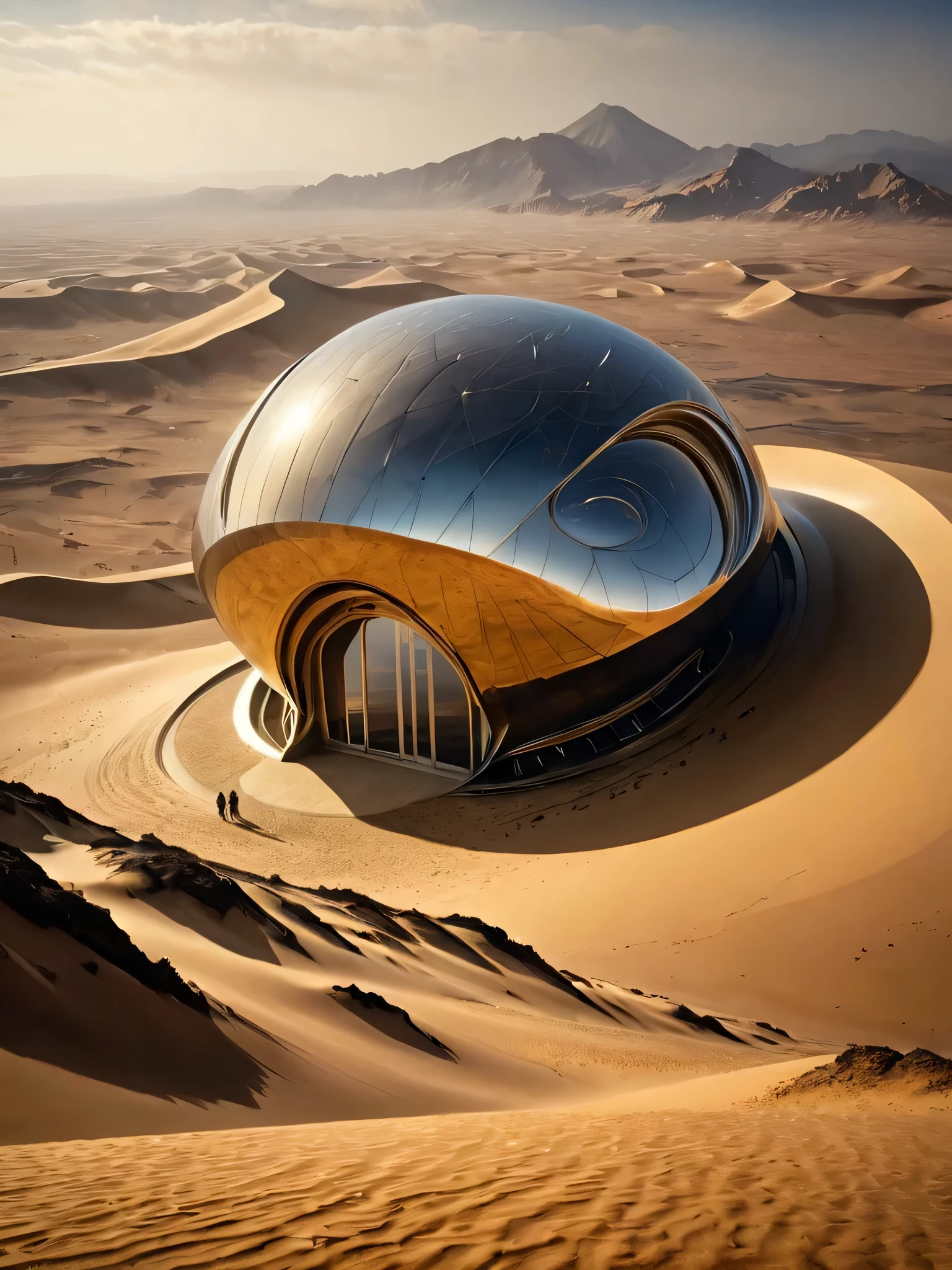 best quality, masterpiece, ultra high resolution, (lifelike:1.4), original photo,dune，scifi movie scene，Architecture in the desert、Mountain integration