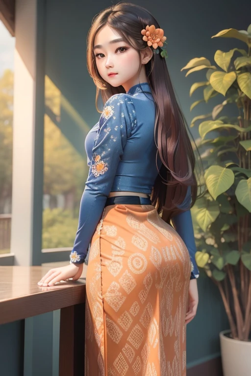 masterpiece, best quality, ultra detailed, high resolution, 1 girl, Burmese girl, playing acoustic guitar, coffee shop background, dynamic pose, back light, 8k, highly detailed, intricately detailed, (acmm ls outfit, wearing acmm top, orange acmm top, long sleeves, wearing acmm long skirt, dark blue acmm long skirt, printed skirt).