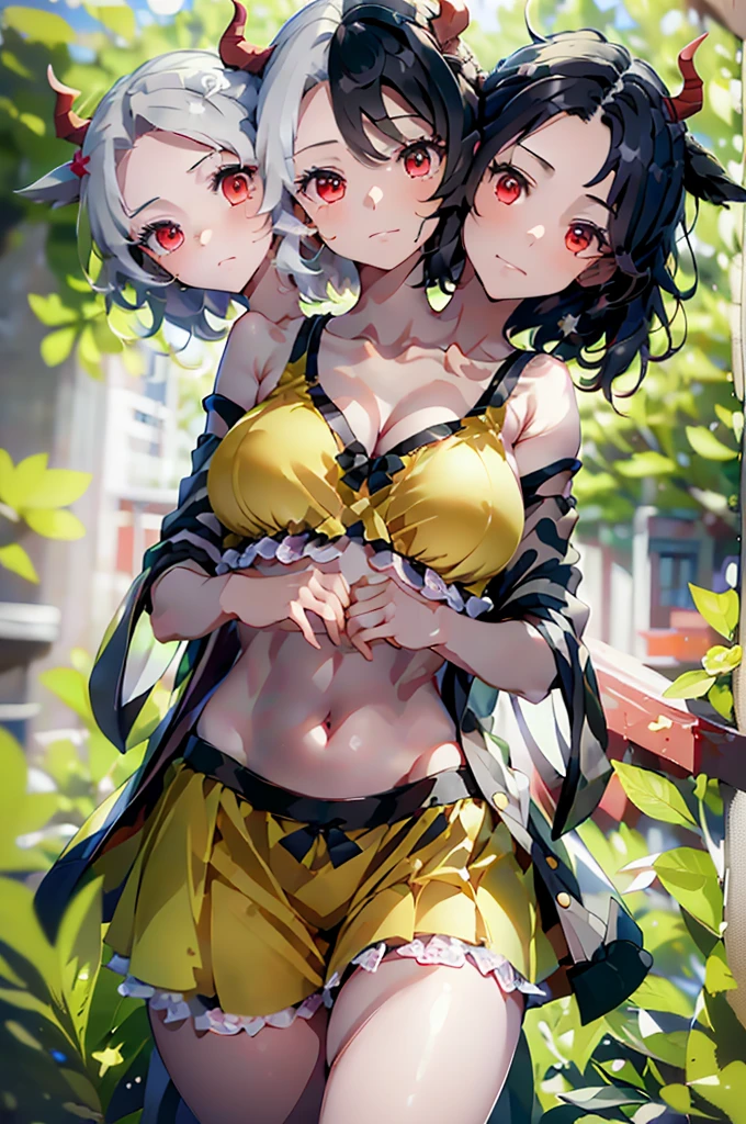 (masterpiece, best quality),best quality, (ultra-detailed), (3heads:1.5), 1girl, (ushizaki urumi:1.3), masterpiece, best quality, white top, crop top, ((stomach)), midriff, ((groin)), yellow skirt, normal ears, shackles, black hair, very long hair, wavy hair, sidelocks, red eyes, parted lips, single horn, sweat, cute, toned belly, hand on own chest, eyelashes, (24 year old woman:1.3), (masterpiece:1.4), (best quality:1.4), (beautiful detailed extremely detailed CG, extremely delicate and beautiful, depth of field, (finely detailed face), (perfect details:1.1), (mature female:1.3), wide pelvis, slender, large veiny breast, 8k resolution, very high quality, very high definition, extremely detailed, masterpiece, black hair, long hair, alluring presence, braid, short skirt, close up, big , young, star hair ornament, yellow ribbon, side ponytail, cabbie hat, hair ornament, two-tone hair, split-color hair, japanese clothes, horns, cow girl, cow horns,