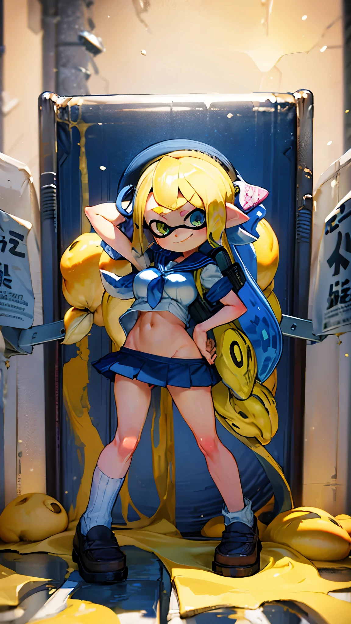 Splatoon girl&#39;s butt、super big breasts、fua、Yellow tentacle hair、wide open smile、Pose that emphasizes the buttocks、Sexy dynamic pose、Japanese high school girls&#39; uniforms、sailor suit、micro mini skirt、cheek、Lipstick、cute eyes、beautiful eyes、