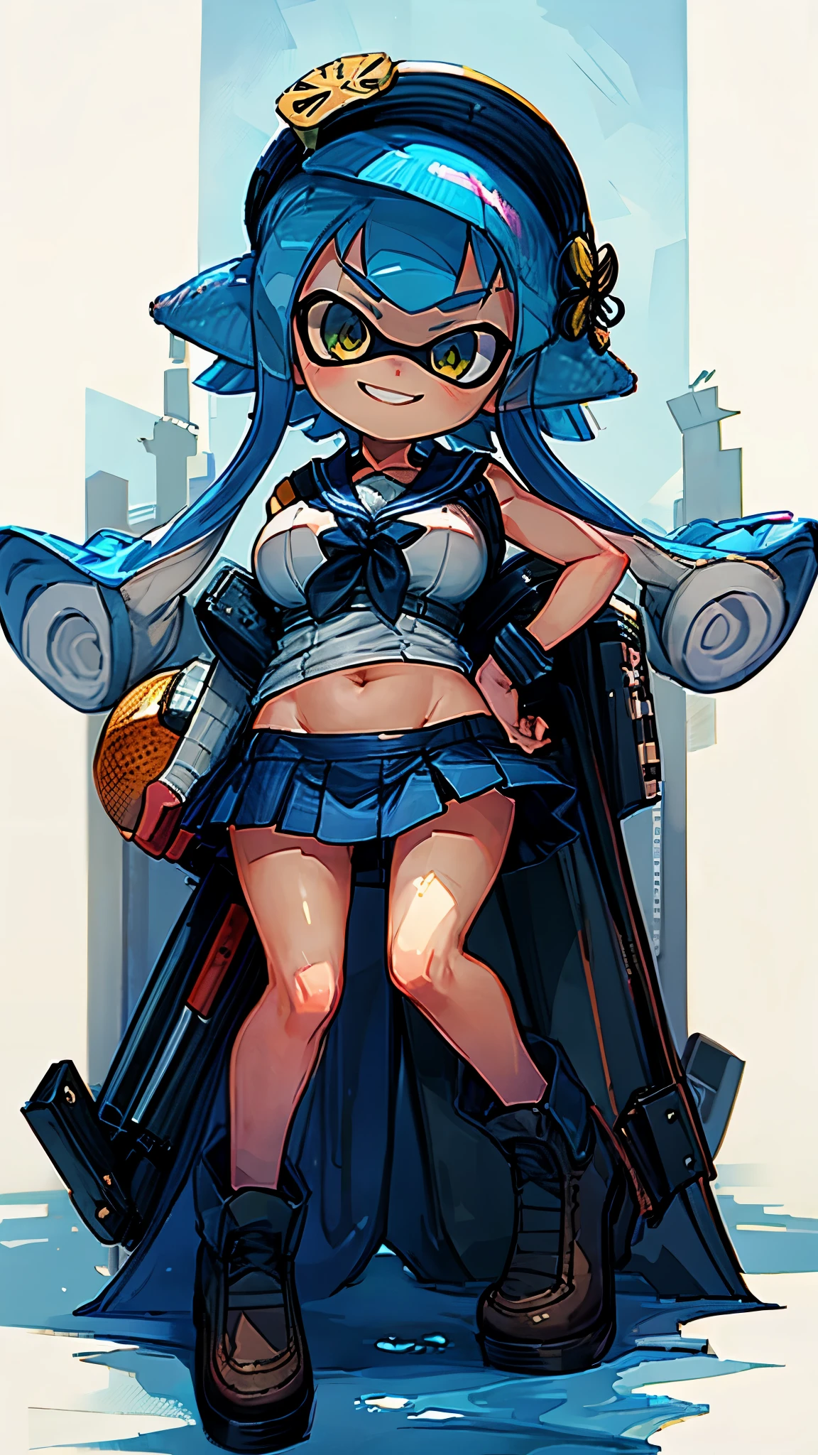 Splatoon girl&#39;s butt、super big breasts、fua、Yellow tentacle hair、wide open smile、Pose that emphasizes the buttocks、Sexy dynamic pose、Japanese high school girls&#39; uniforms、sailor suit、micro mini skirt、cheek、Lipstick、cute eyes、beautiful eyes、