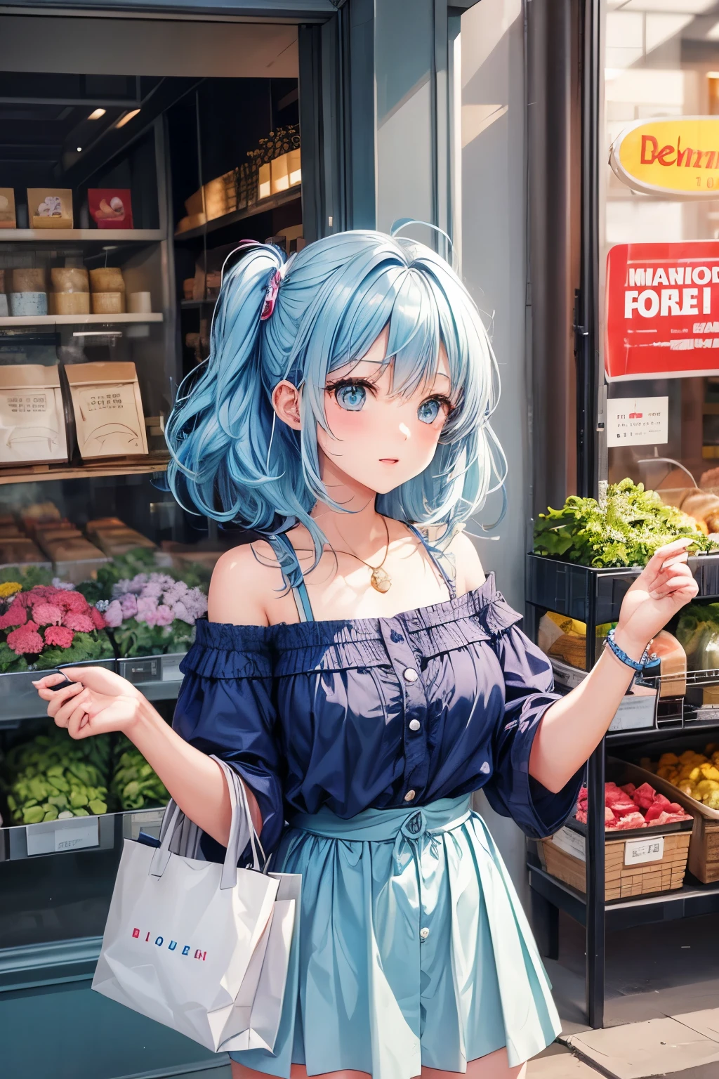 1girl, bluenette hair, light blue hair, next door girl, shopping, cloth shopping 