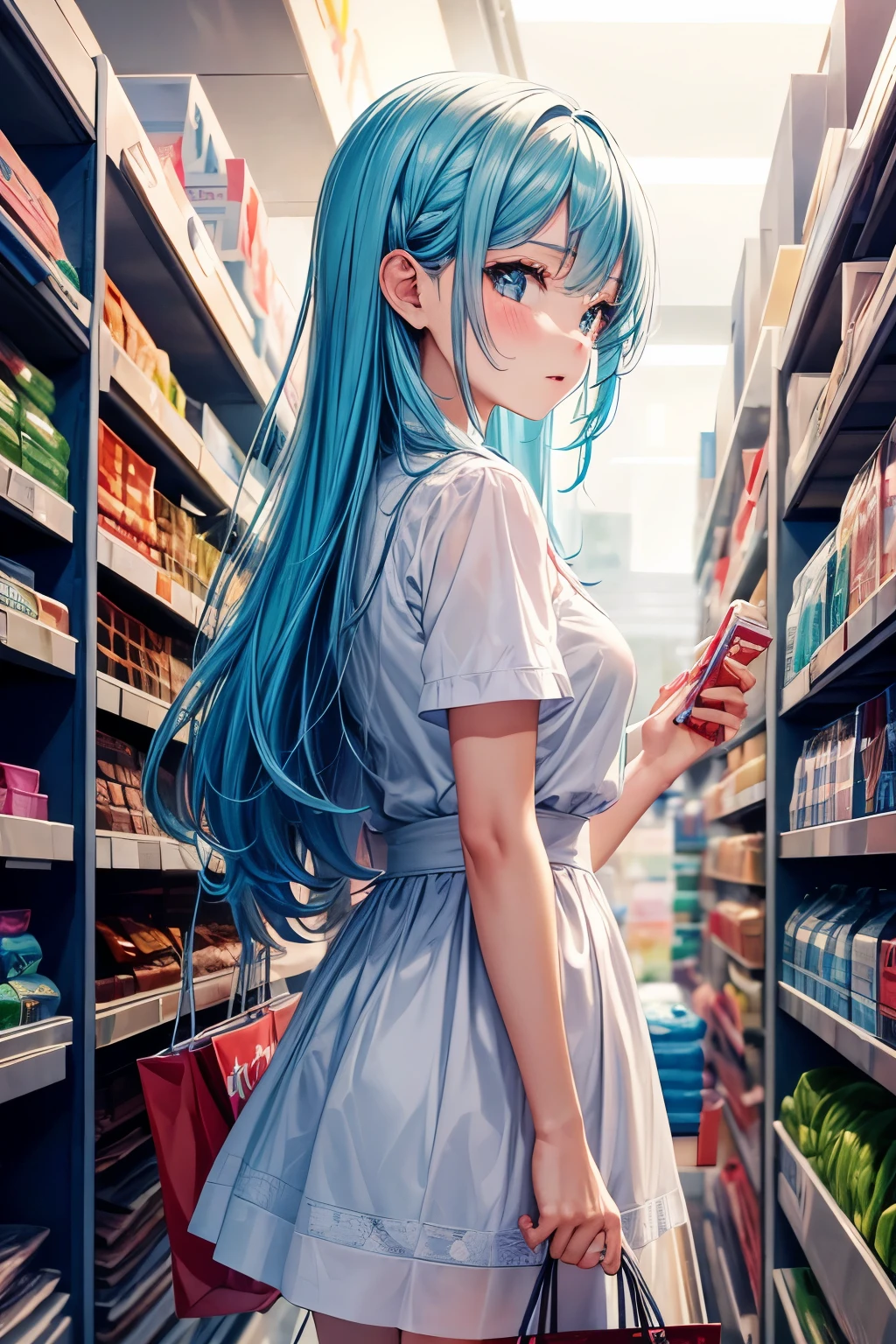 1girl, bluenette hair, light blue hair, next door girl, shopping, cloth shopping 