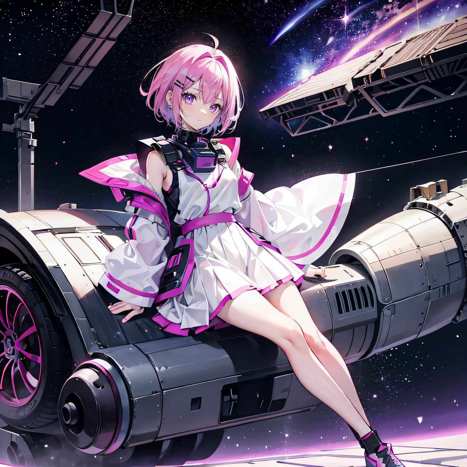 pink hair，purple eyes，short hair，sister head，earring ，Two black hairpins，girl，cute，，white shirt，skirt，Mechanical armor on shoulders，cloak，Wear shoes on your feet，Stand up exercise，whole body，Don't show your arms，The background is the port of the space station，Galactic universe