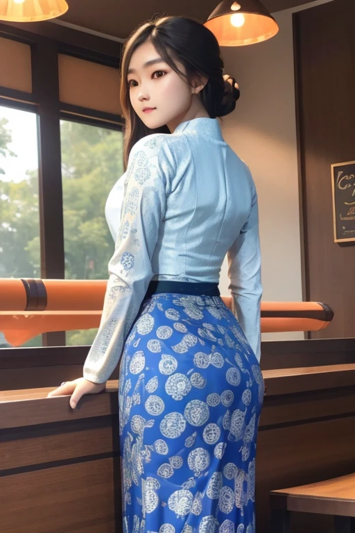 masterpiece, best quality, ultra detailed, high resolution, 1 girl, Burmese girl, playing acoustic guitar, coffee shop background, dynamic pose, back light, 8k, highly detailed, intricately detailed, (acmm ls outfit, wearing acmm top, orange acmm top, long sleeves, wearing acmm long skirt, dark blue acmm long skirt, printed skirt).