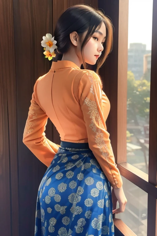 masterpiece, best quality, ultra detailed, high resolution, 1 girl, Burmese girl, playing acoustic guitar, coffee shop background, dynamic pose, back light, 8k, highly detailed, intricately detailed, (acmm ls outfit, wearing acmm top, orange acmm top, long sleeves, wearing acmm long skirt, dark blue acmm long skirt, printed skirt).
