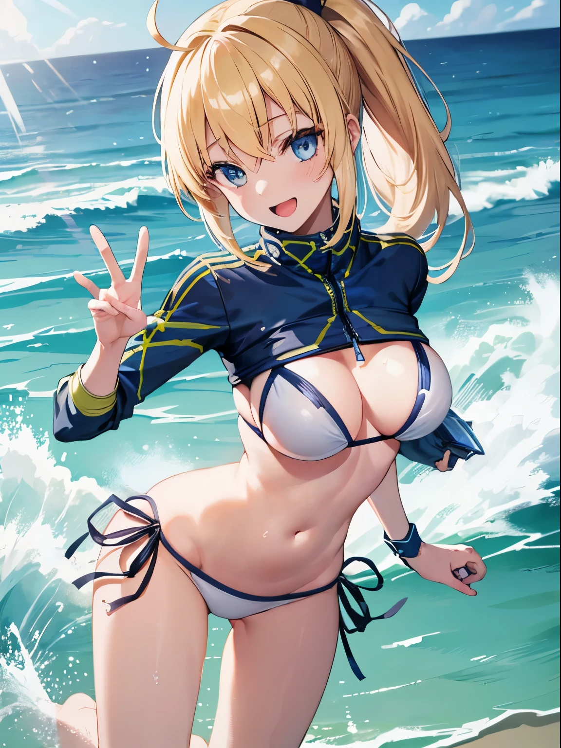 masterpiece,(ultra-detailed),1girl, mysterious heroine xx \(fate\), half_eyes,smile,open mouth, swimsuit, white bikini, side-tie bikini bottom, shrug \(clothing\), jacket,  thigh strap, wristband,  large_breasts, ocean, splashing,blonde_ponytail,open_legs,cap,happiness,dynamic_jumping