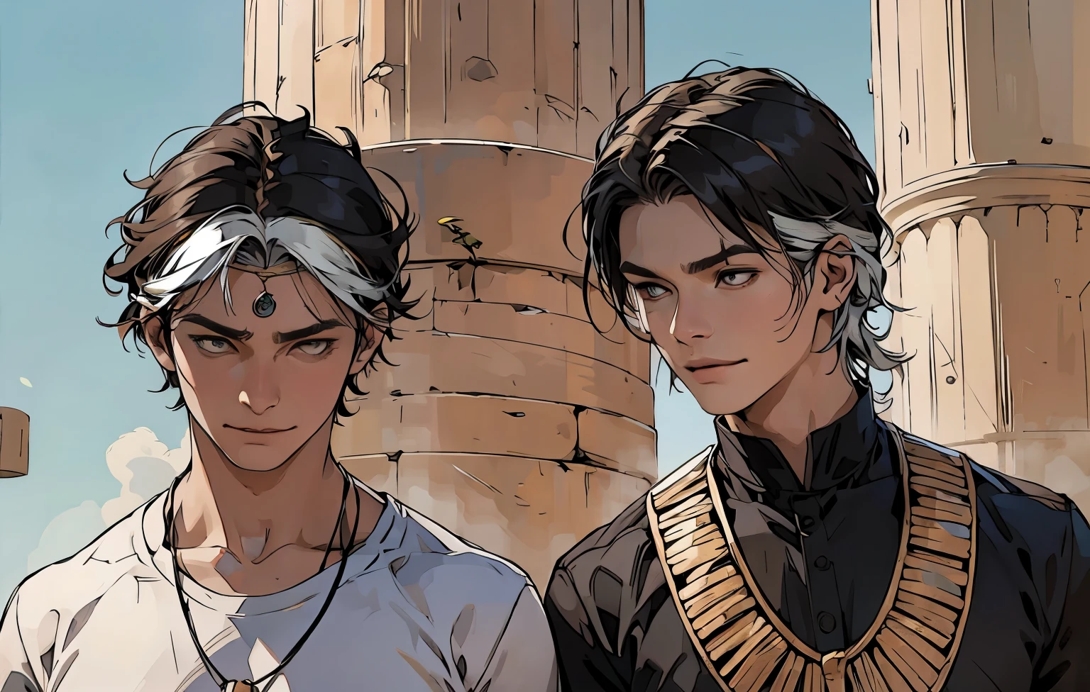 There are two cute 16-year-old boys, they are smiling mischievously.