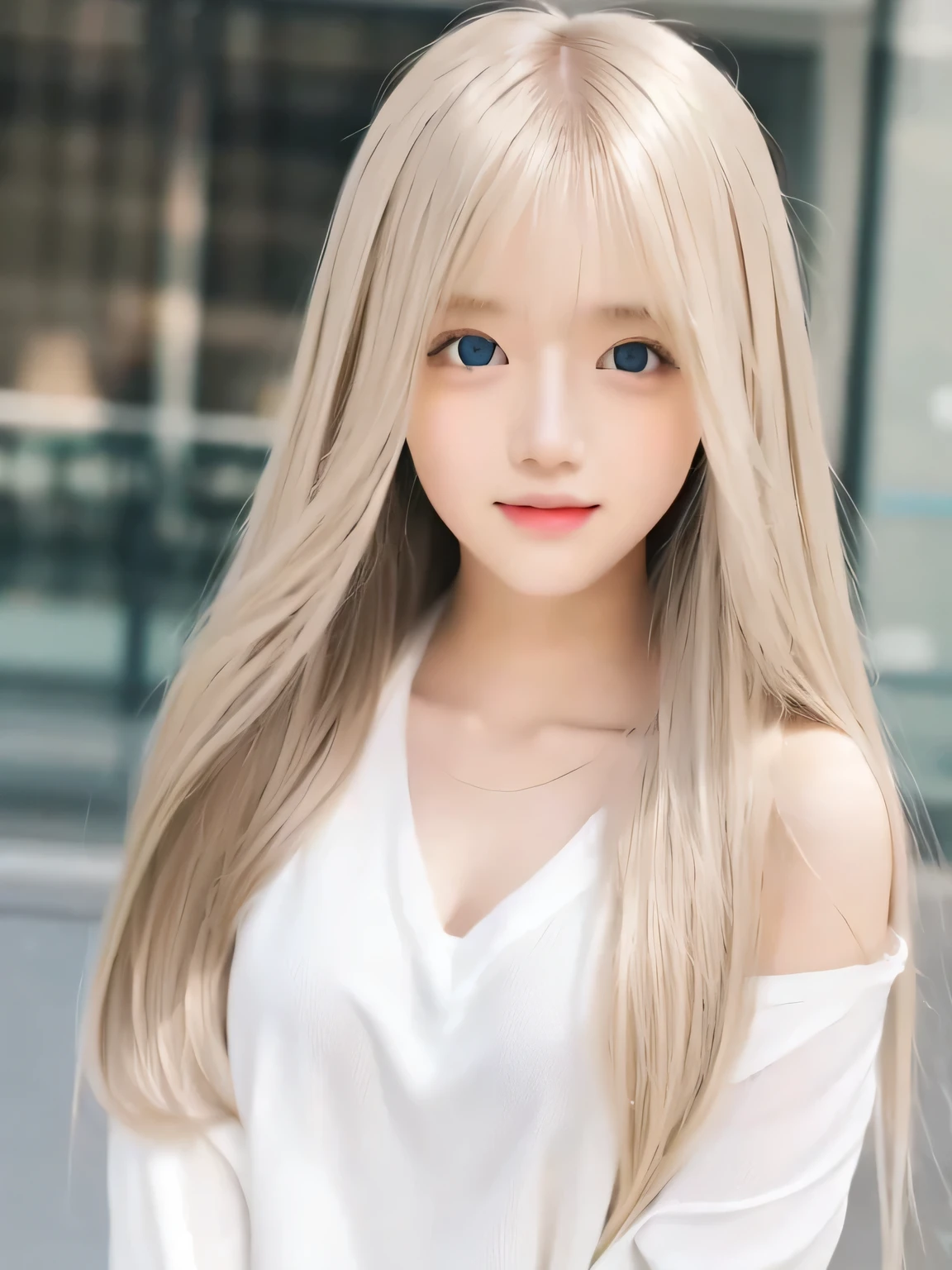 Super Long Straight Silk Hair、Beautiful blonde cute girl posing in white top、the most beautiful girl in the world、Very cute and beautiful good looks、real girls、23 year old girl、Beautiful very soft platinum blonde girl、big blue eyes、、small face beauty、With a round face、bright look、white and beautiful skin、shiny skin、Long bangs on the face,,,,、