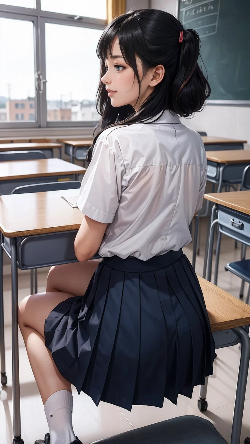 top-quality、8K、Realisticity、hi-school girl、校服、Clothes are sheer、I see underwear、a miniskirt、wearing skirt、Panties are only slightly visible、big butts、facing back、Looking back、Embarrassed look、Schools、early evening、‎Classroom