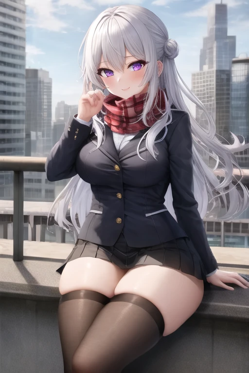 masterpiece, best quality, 1girl, sitting, city, white hair, long hair, purple eyes, buttoned shirt, jacket, scarf, skirt, thigh highs