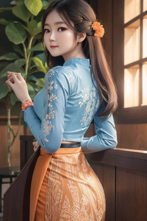 masterpiece, best quality, ultra detailed, high resolution, 1 girl, Burmese girl, playing acoustic guitar, coffee shop background, dynamic pose, back light, 8k, highly detailed, intricately detailed, (acmm ls outfit, wearing acmm top, orange acmm top, long sleeves, wearing acmm long skirt, dark blue acmm long skirt, printed skirt).