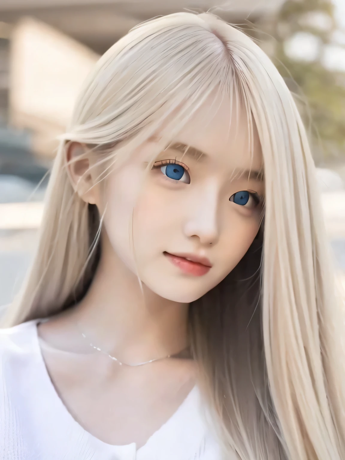 Super Long Straight Silk Hair、Beautiful blonde cute girl posing in white top、the most beautiful girl in the world、Very cute and beautiful good looks、real girls、23 year old girl、Beautiful very soft platinum blonde girl、big blue eyes、、small face beauty、With a round face、bright look、white and beautiful skin、shiny skin、Long bangs on the face,,,,、
