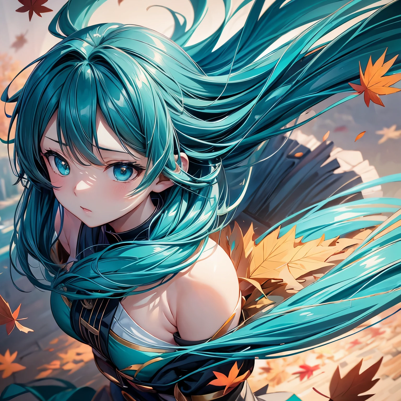 (high detail:1.2)anime girl,(movie lighting,exquisite color),(fallen leaves:1.2), calm light, Wind, FOG. turquoise, delta hue. no banner